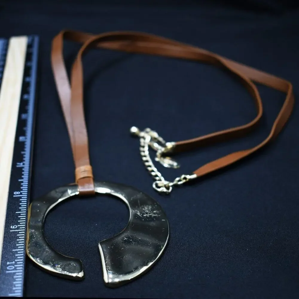 Chico’s Leather Necklace Large Gold C Pendant Adjustable 36” Modern Statement